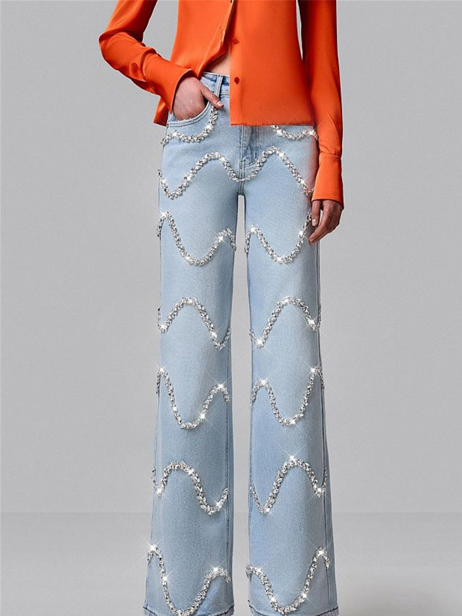 Lucienne Curved Rhinestone-Paneled Jeans