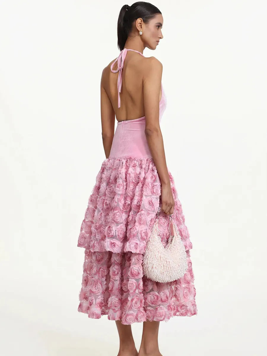 Briar Romantic Contour Halter Floral Velvet Maxi Dress