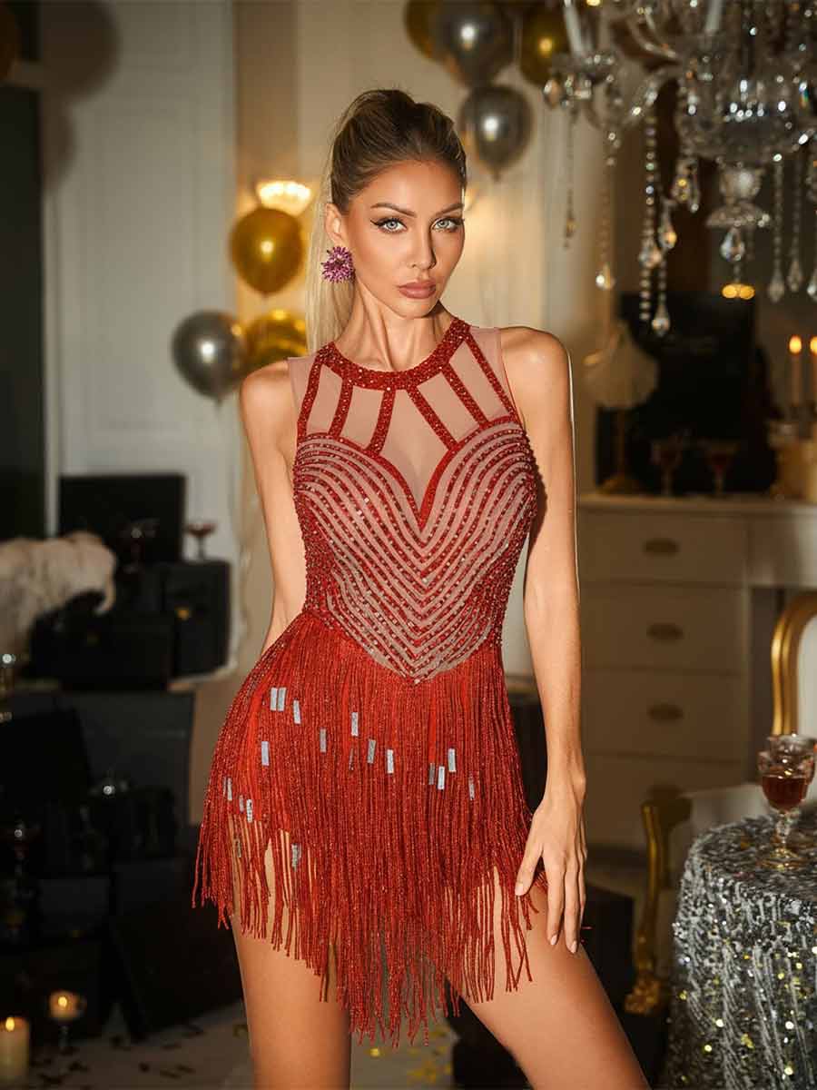 Nicolette Sleeveless Fringe Crystal Bodysuit