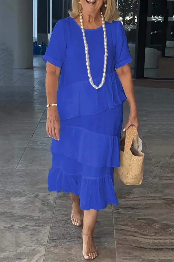 Linen Blend Solid Color Round Neck Casual Loose Midi Dress