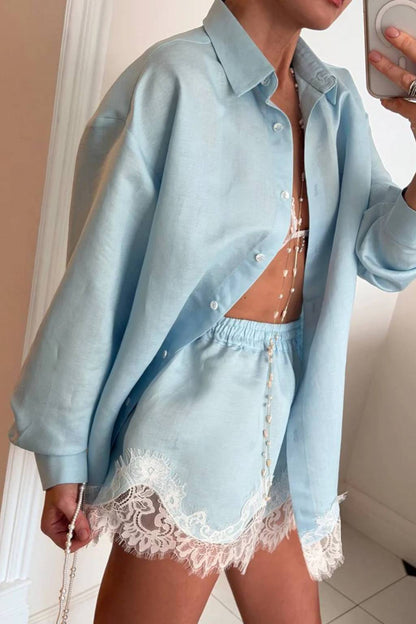 Emma Lapel Long-Sleeve Shirt & Lace-Paneled Shorts Set