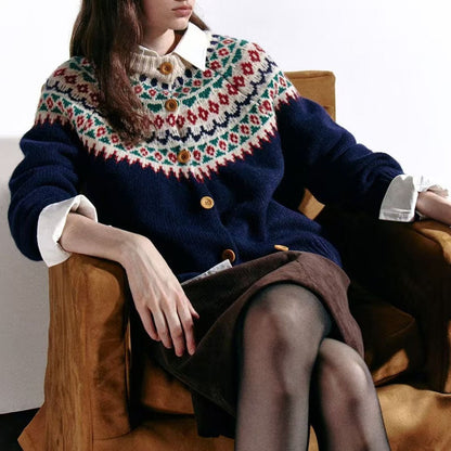 Vintage Jacquard Crew Neck Knit Cardigan