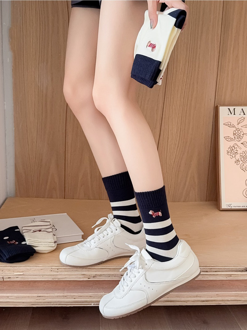 Rufia - Cartoon Dog Embroidered Striped Socks