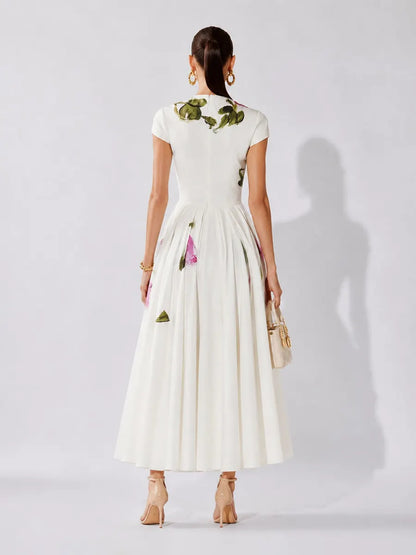 Zaria Elegant Rose-Print Midi Dress