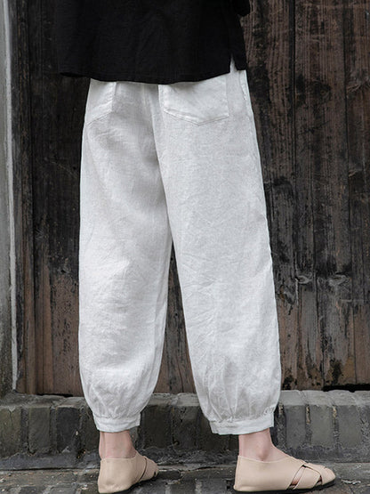 Simple Linen Solid Color Elasticity Waist Loose Knickerbockers&Capri-Pants