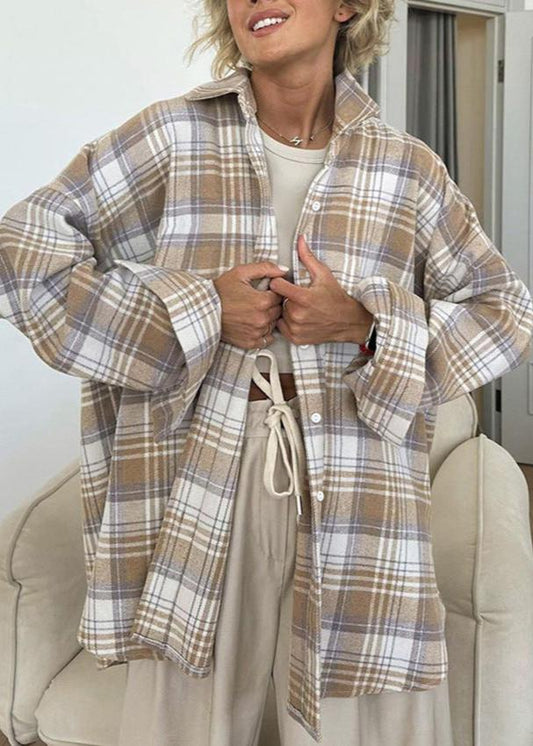 Woolen Plaid Shirt Retro Loose Fit Layering