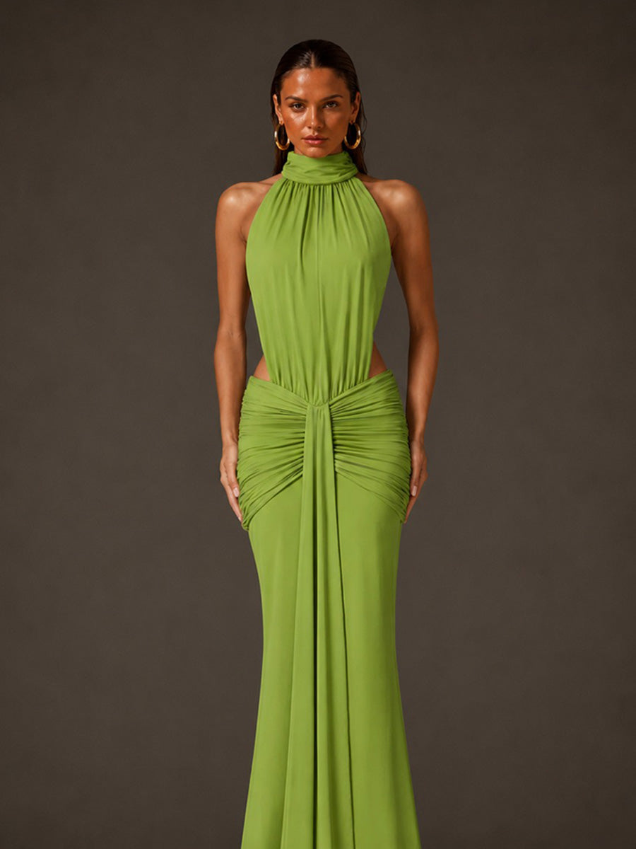Everly High-Neck Backless Maxi Dress In Green
