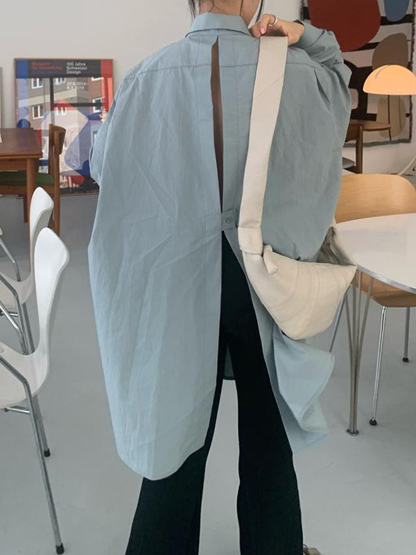 Long Sleeves Loose Buttoned Hollow Pleated Solid Color Split-Joint Lapel Blouses&Shirts Tops