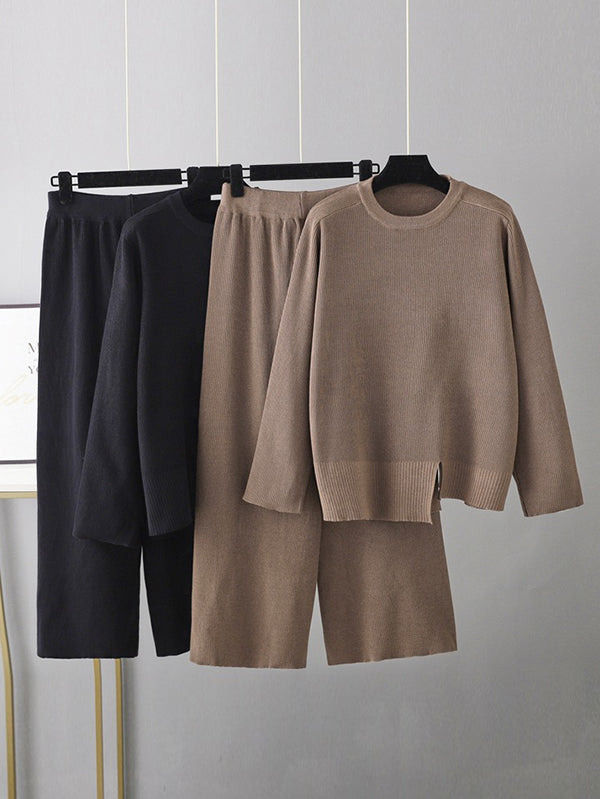 Casual Long Sleeves Irregularity Split-Front Round-Neck Sweater Tops & Wide Leg Pants Two Pieces Set