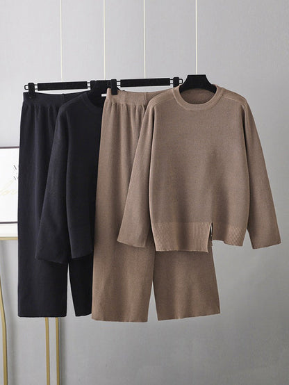 Casual Long Sleeves Irregularity Split-Front Round-Neck Sweater Tops & Wide Leg Pants Two Pieces Set