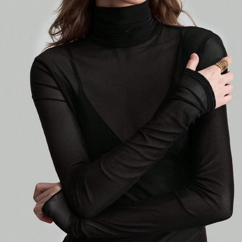 Mesh High Neck Long Sleeve Sheer Blouse