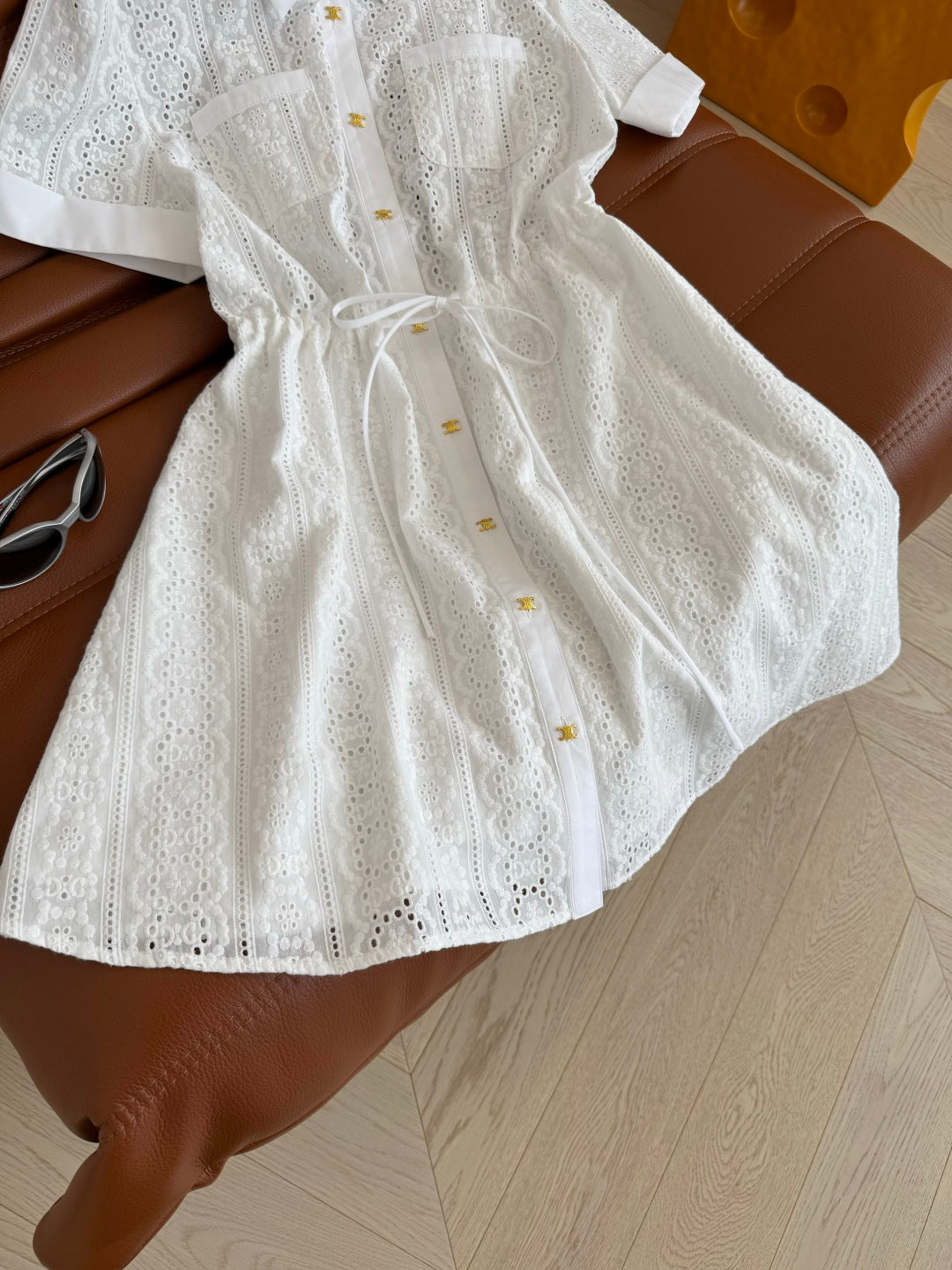 Celine 25 Hollow Shirt Dress with Gold Metal Button White Cotton