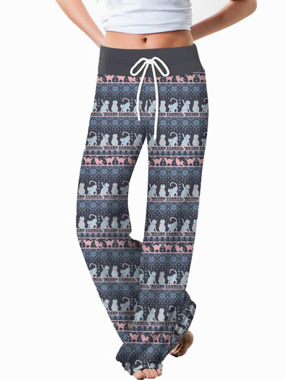 Stripe Fashion Woman Digital Printing Loose Casual Flower Pattern Pants Wide Leg Yoga Pants 678
