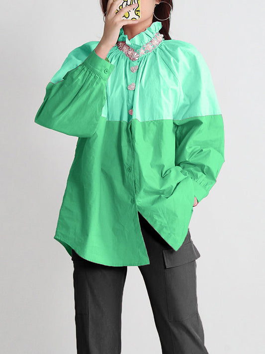 Long Sleeves Loose Buttoned Contrast Color Rhine Stones Mock Neck Blouses&Shirts Tops