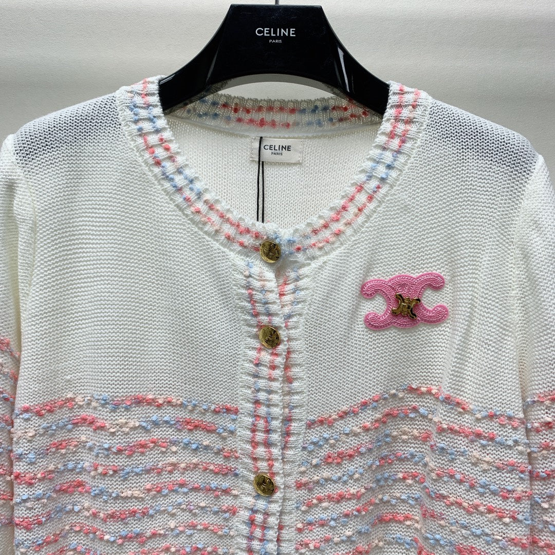 Celine 25 Striped Cardigan White Wool Polyester 281502