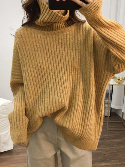 Casual Long Sleeves Loose Solid Color High-Neck Sweater Tops