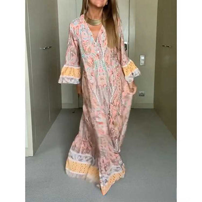 Summer New Bohemian Print V-Neck Fashion Versatile Casual Style Large Swing Long Dress