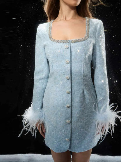 Leona Tweed Feather Cuff Mini Dress