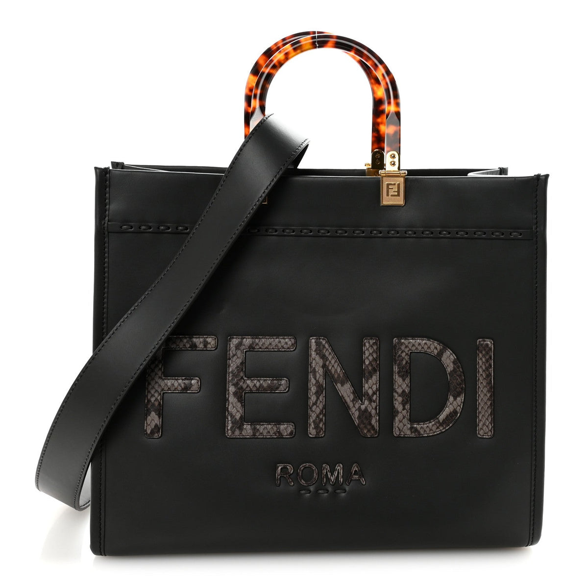 Vitello King Plexiglass Elaphe Snakeskin Print Logo Medium Fendi Sunshine Shopper Tote Dark Asphalt