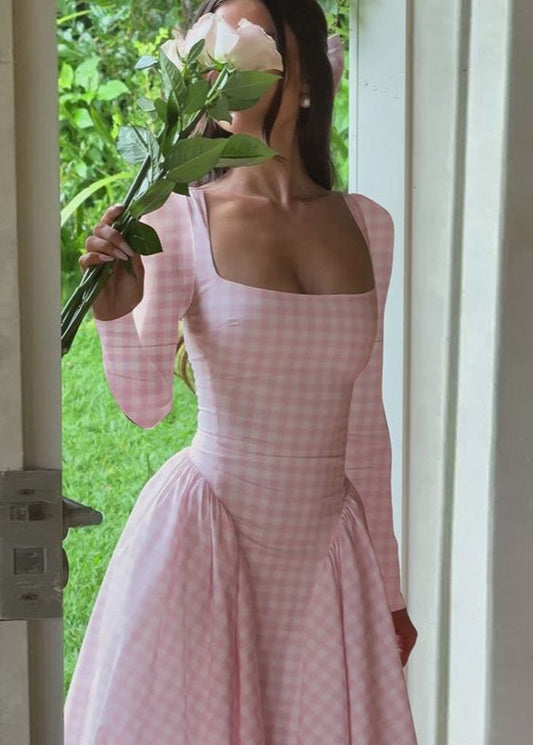 Long Sleeve Midi Dress Lightweight Pink Gingham