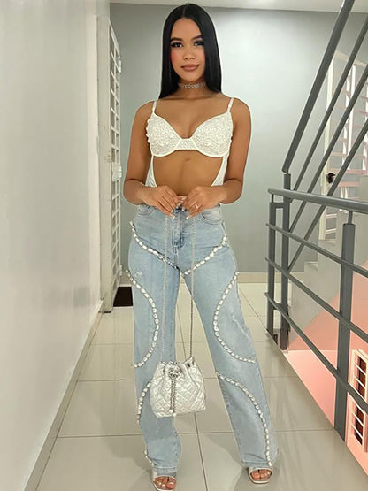 Madeline Straight-Leg Jeans with Rhinestone Paneling