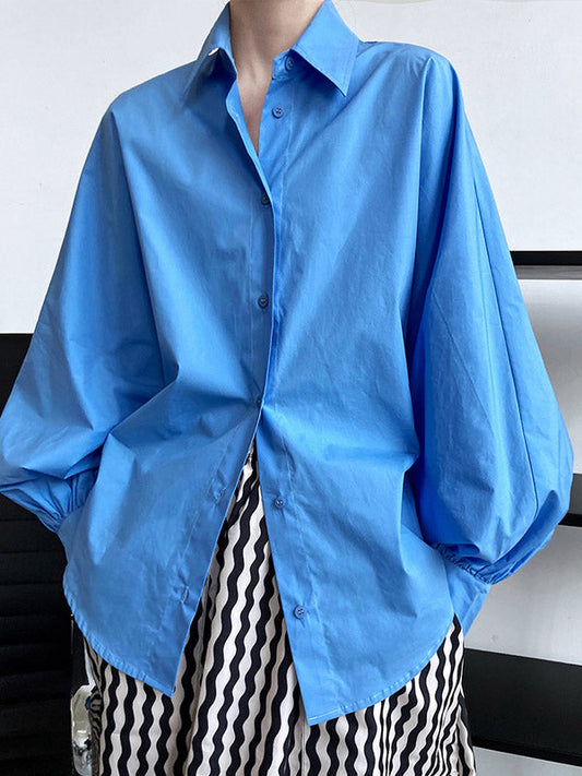 Long Sleeves Loose Buttoned Pleated Solid Color Lapel Blouses&Shirts Tops