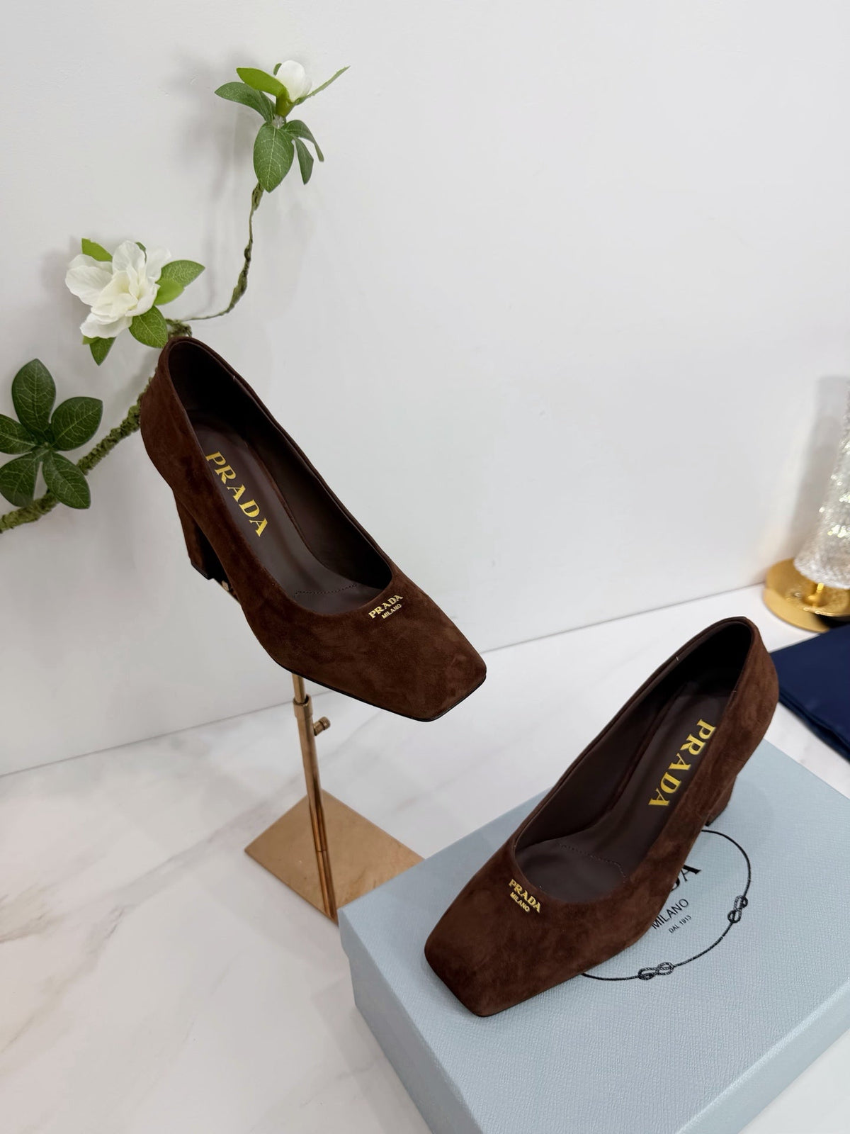 PRA 26SS Square-toe Block Heels 85 Dark Brown Suede 592362