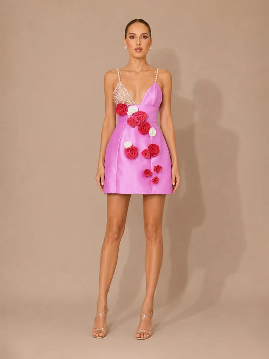 Mariella 3D Floral and Pearl Strap Mini Dress