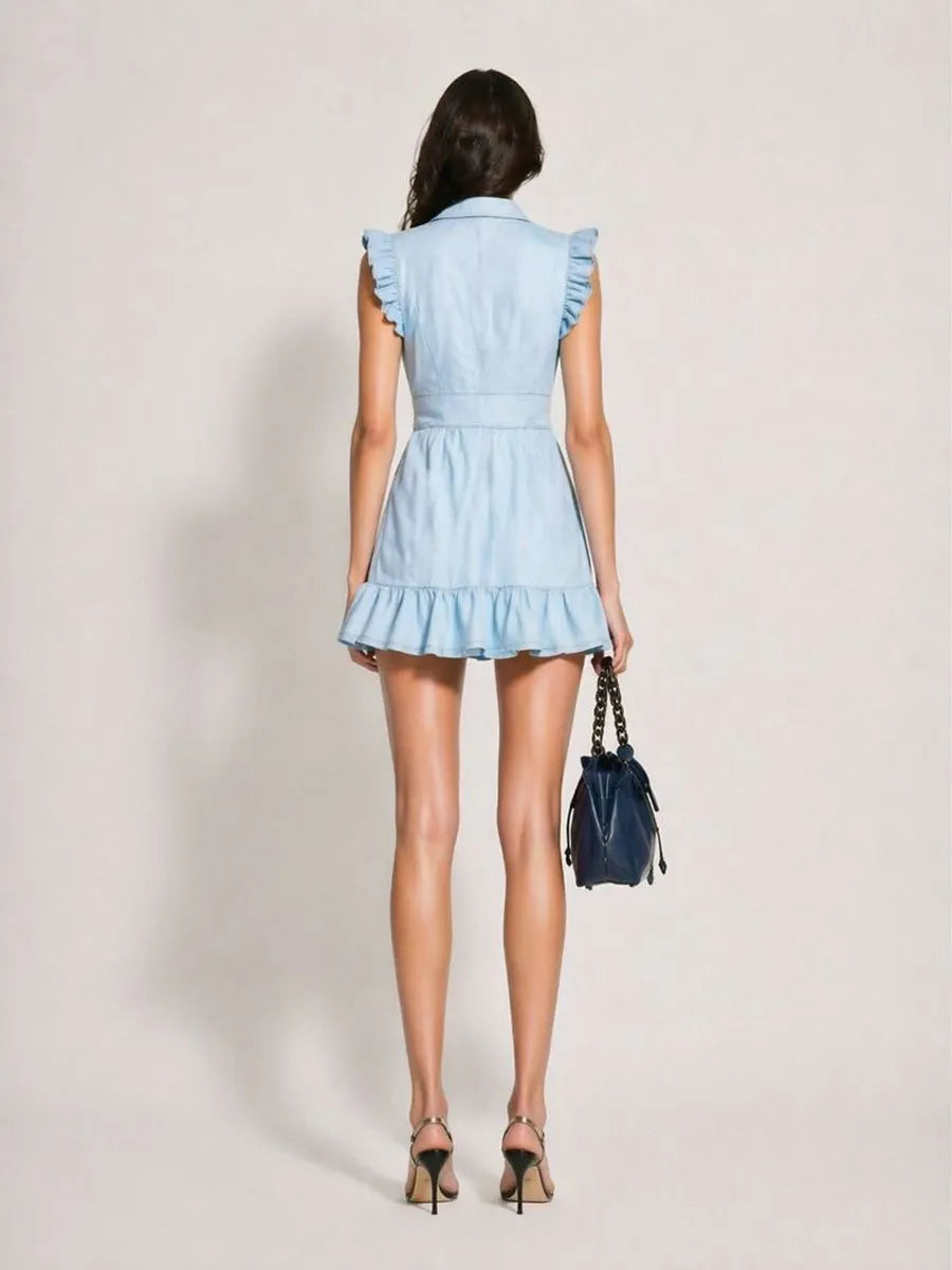 Kira Ruffled Sleeveless Zip-Front Denim Dress