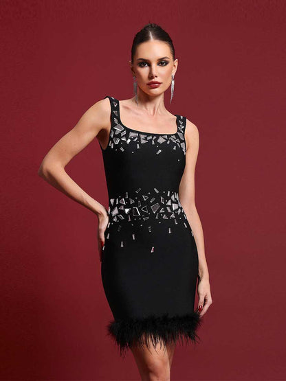 Evanna Mirror Feather Bandage Mini Dress