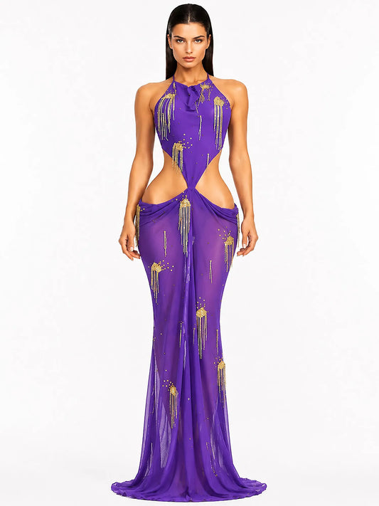 Sabrina Pleated Cut-Out Metallic Tassel Maxi Dress In Purple