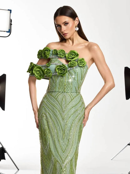 Audrey Flower Sequin Rhinestone Maxi Dress