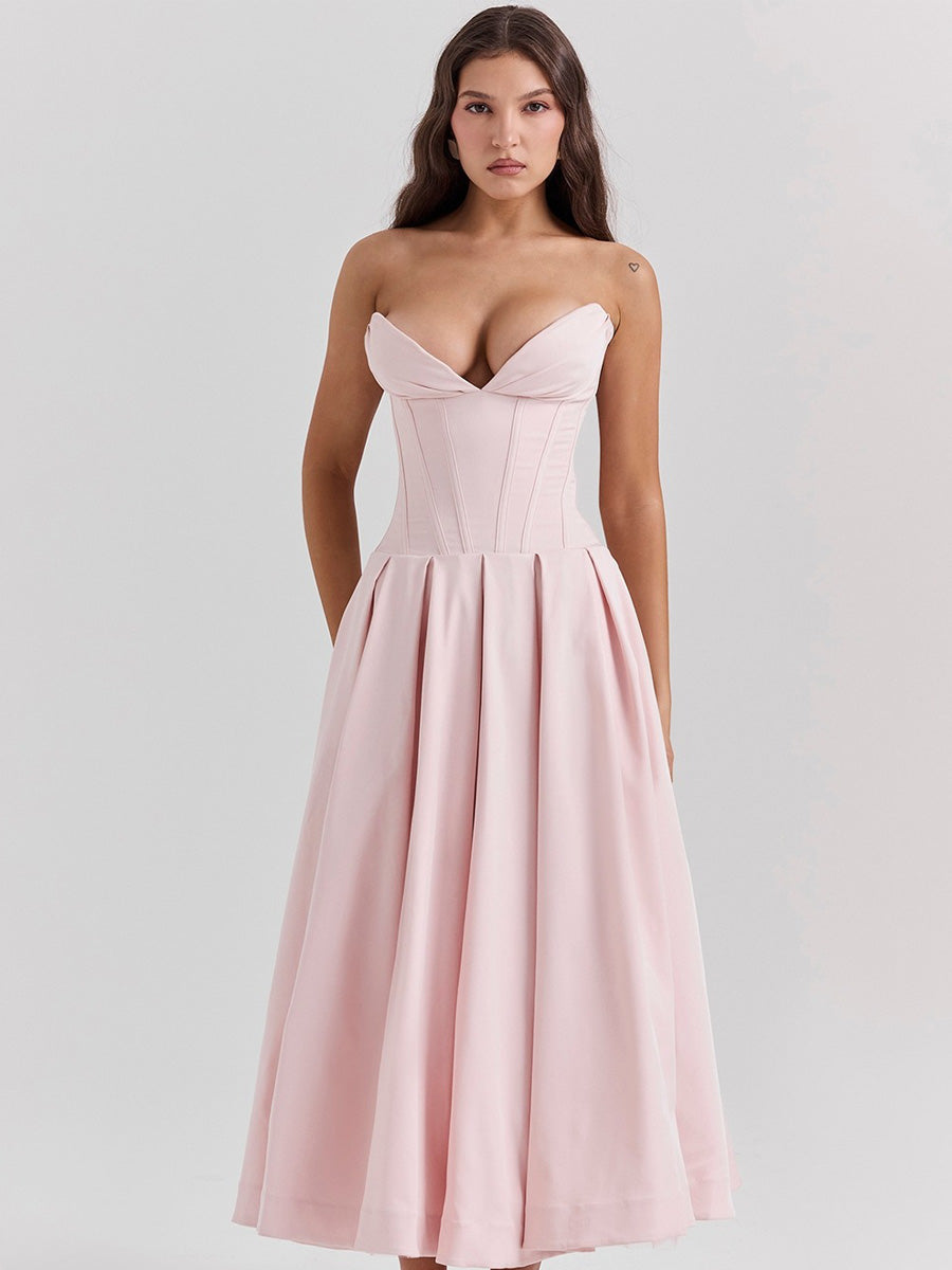 Savannah Off-Shoulder Corset Midi Dress In Pink