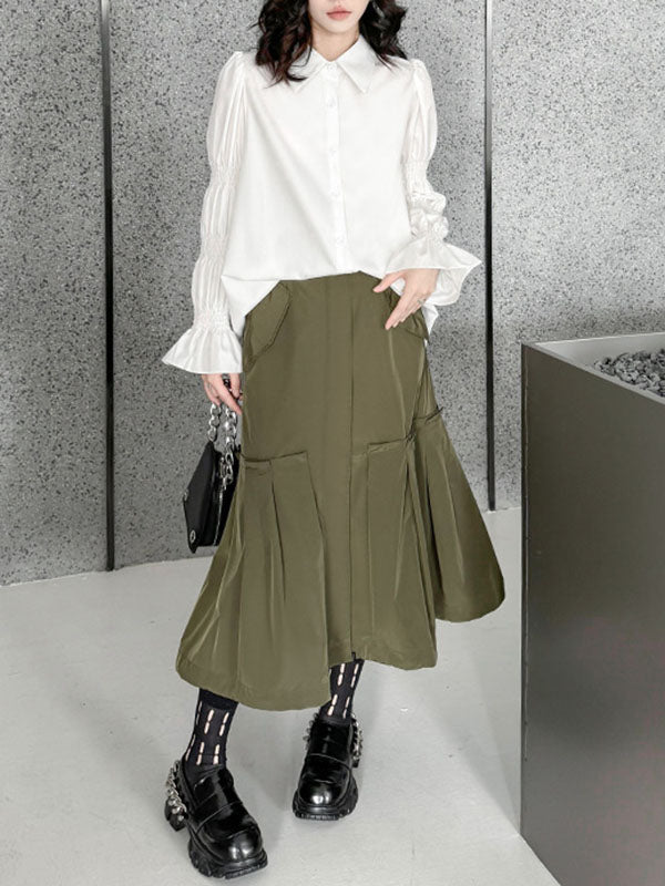 Puff Sleeves Pleated Solid Color Split-Joint Lapel Blouses