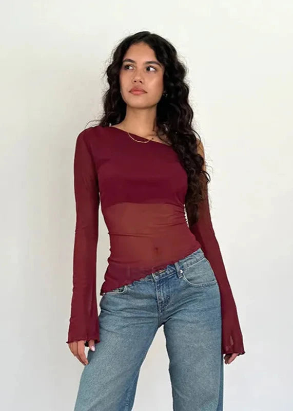 Asymmetrical Gauzy Off Shoulder Long Sleeve Top