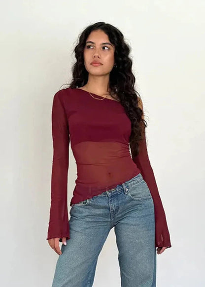 Asymmetrical Gauzy Off Shoulder Long Sleeve Top