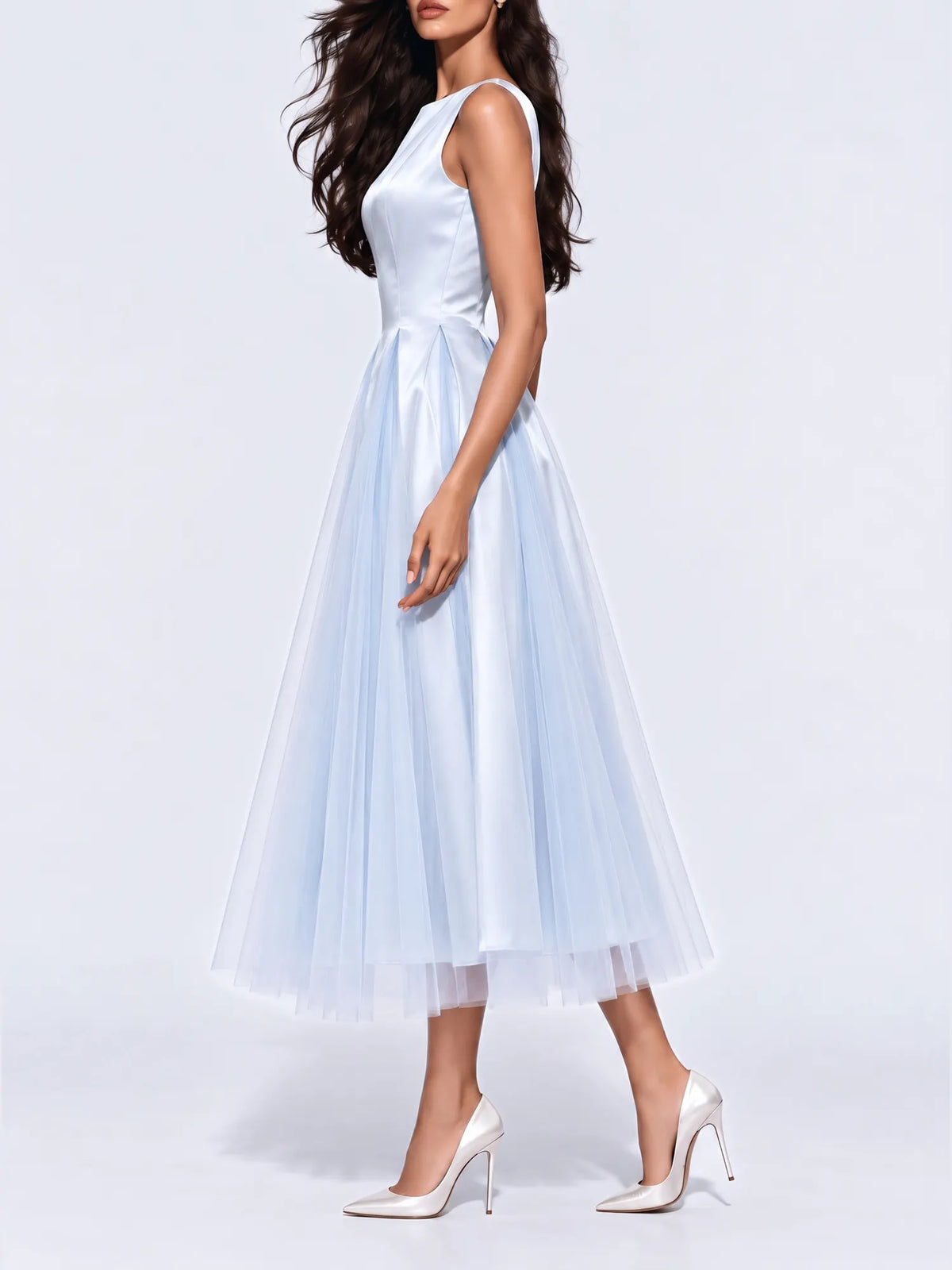 Elisa Satin and Mesh Panel Sleeveless Midi Dress