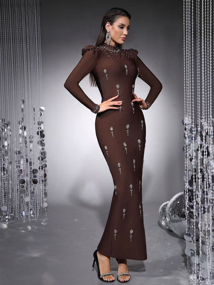 Brielle Sequined Long-Sleeve Bandage Maxi Dress