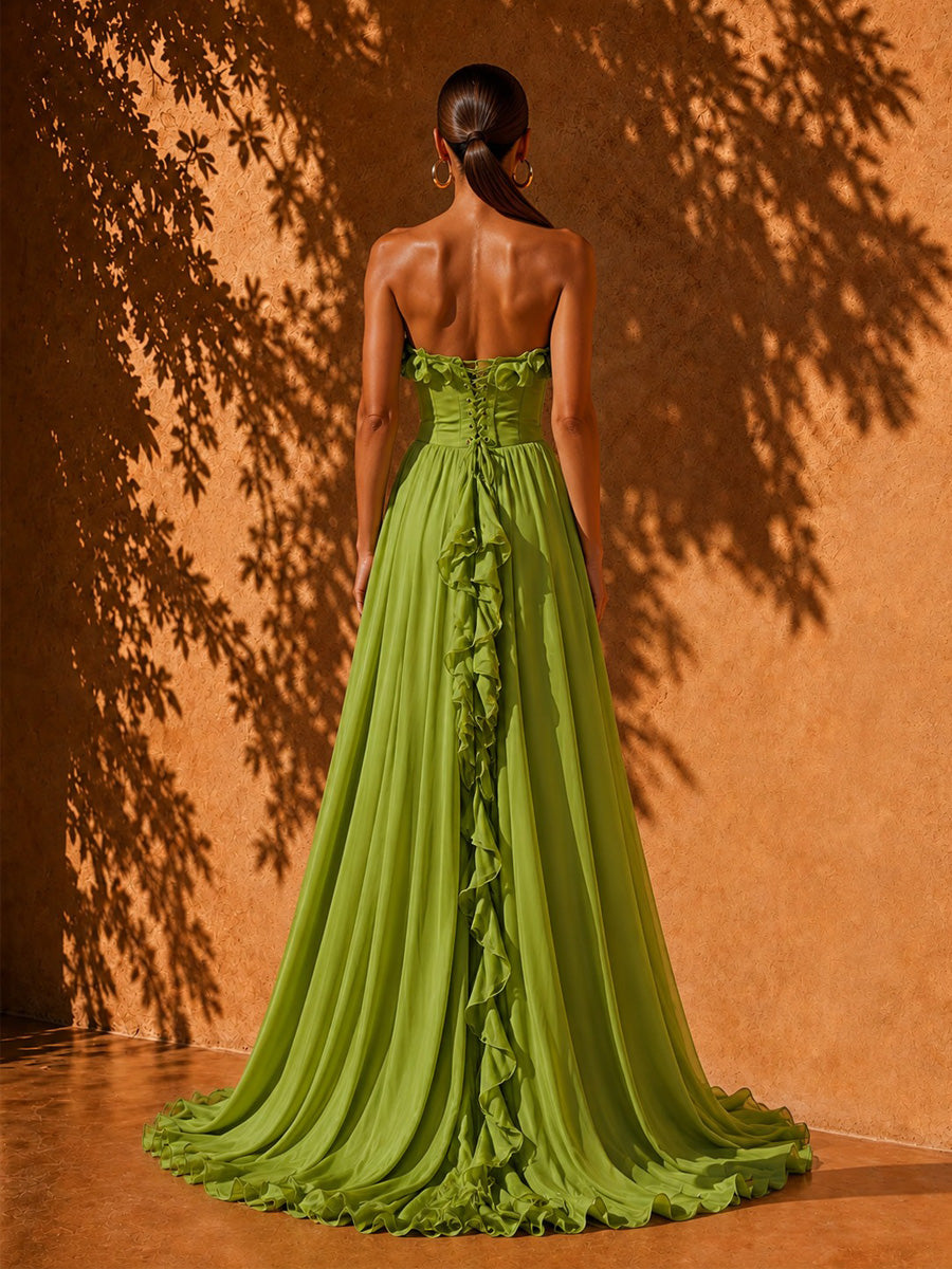 Vivian Pleated Ruffled Maxi Dress In Green
