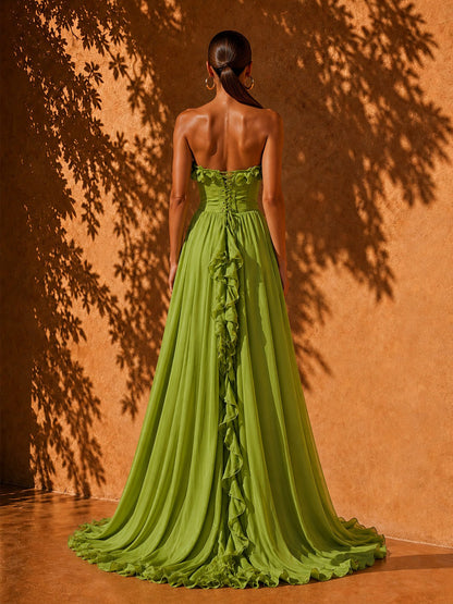 Vivian Pleated Ruffled Maxi Dress In Green