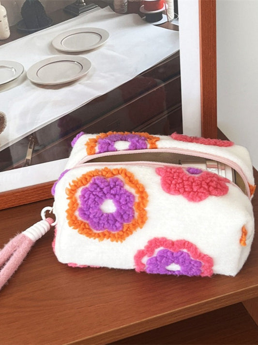 Cosbai - Floral Tweed Zipper Makeup Bag with Handles