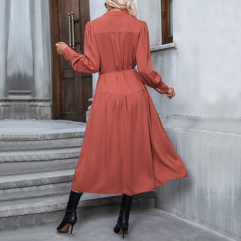 Solid Color V-Neck Elastic Band Cardigan Button-Down Long-Sleeved Dress