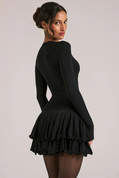 V-Neck Ruffle Skirt Mini Dress in Black