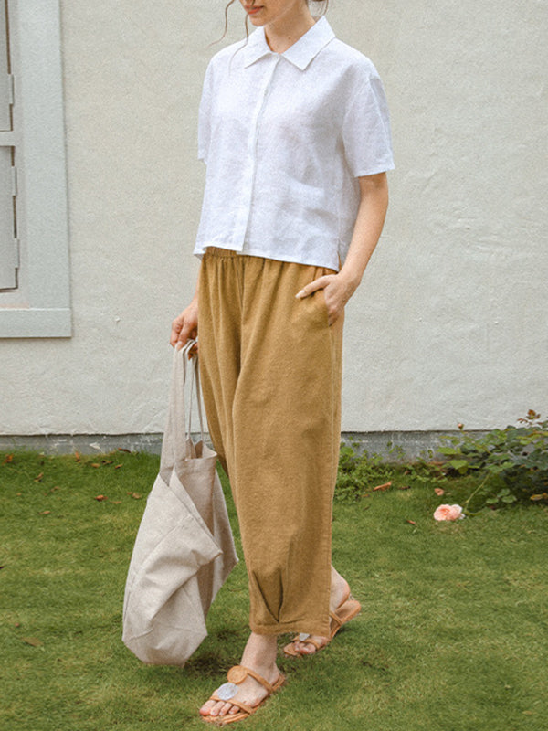 Loose Short Sleeves Buttoned Pleated Solid Color Split-Side Lapel Blouses&Shirts Tops