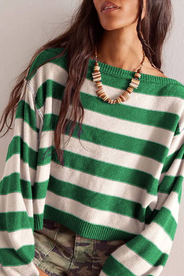 Striped Print Crew Neck Long Sleeve Loose Knitted Sweater