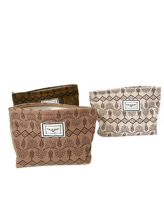 Cosbai - Fabric Geometric &amp; Floral Print Pouch Bag with Zipper