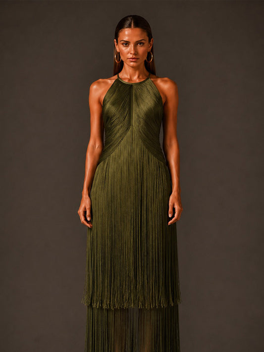 Camilla Sleeveless Bandage Midi Dress with Fringes In Green