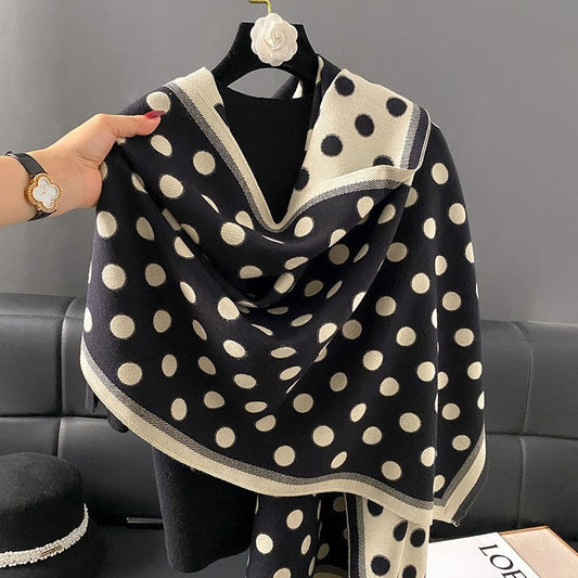 Double Sided Color Blocked Thick Warm Shawl With Polka Dots