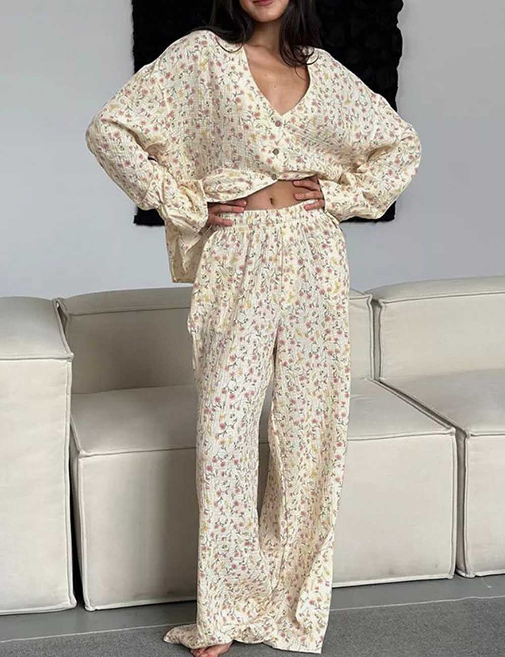 Floral Print V-Neck Button Up Pajamas Set