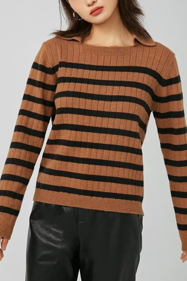 Lapel Loose Casual Striped Knit Sweater